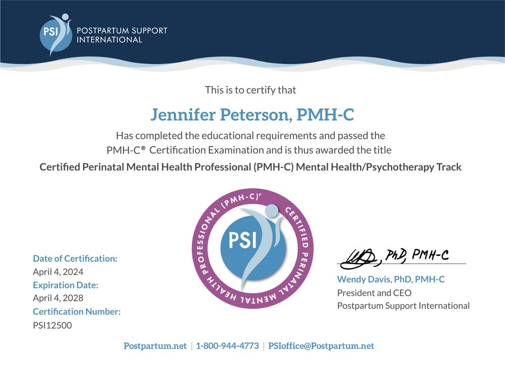 Jennifer Peterson, PMH-C, certified in perinatal mental health by Postpartum Support International.
