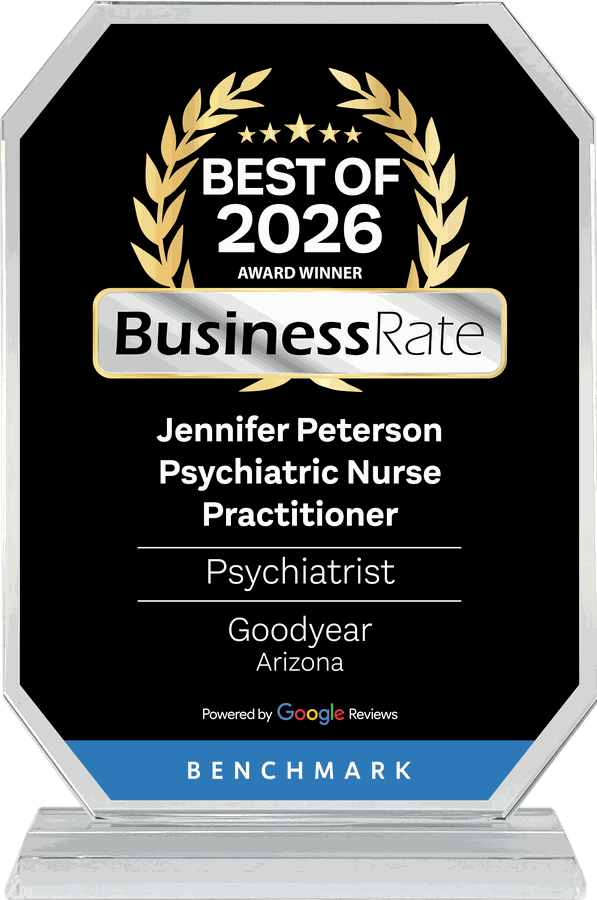 BusinessRate Best of 2026 award for Jennifer Peterson, Psychiatric Nurse Practitioner, Goodyear.