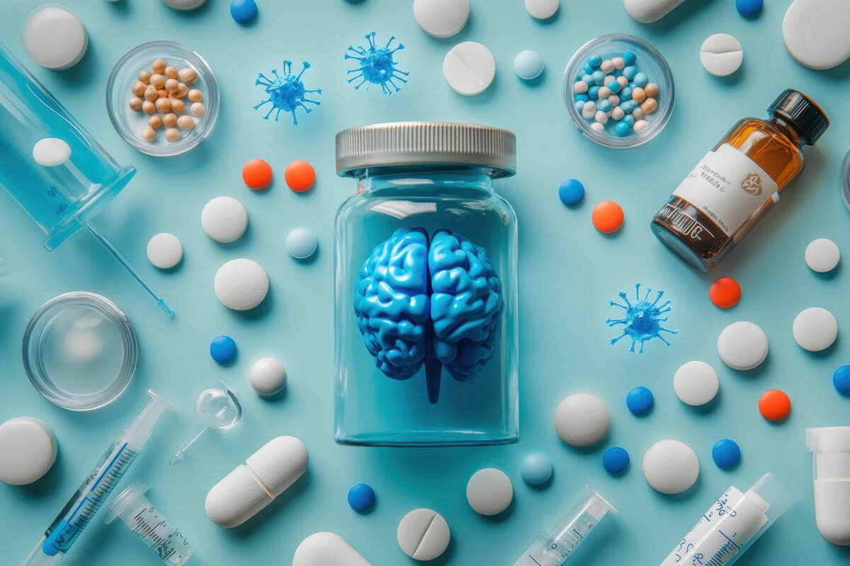 Model of a blue brain in a bottle, surrounded by medication
