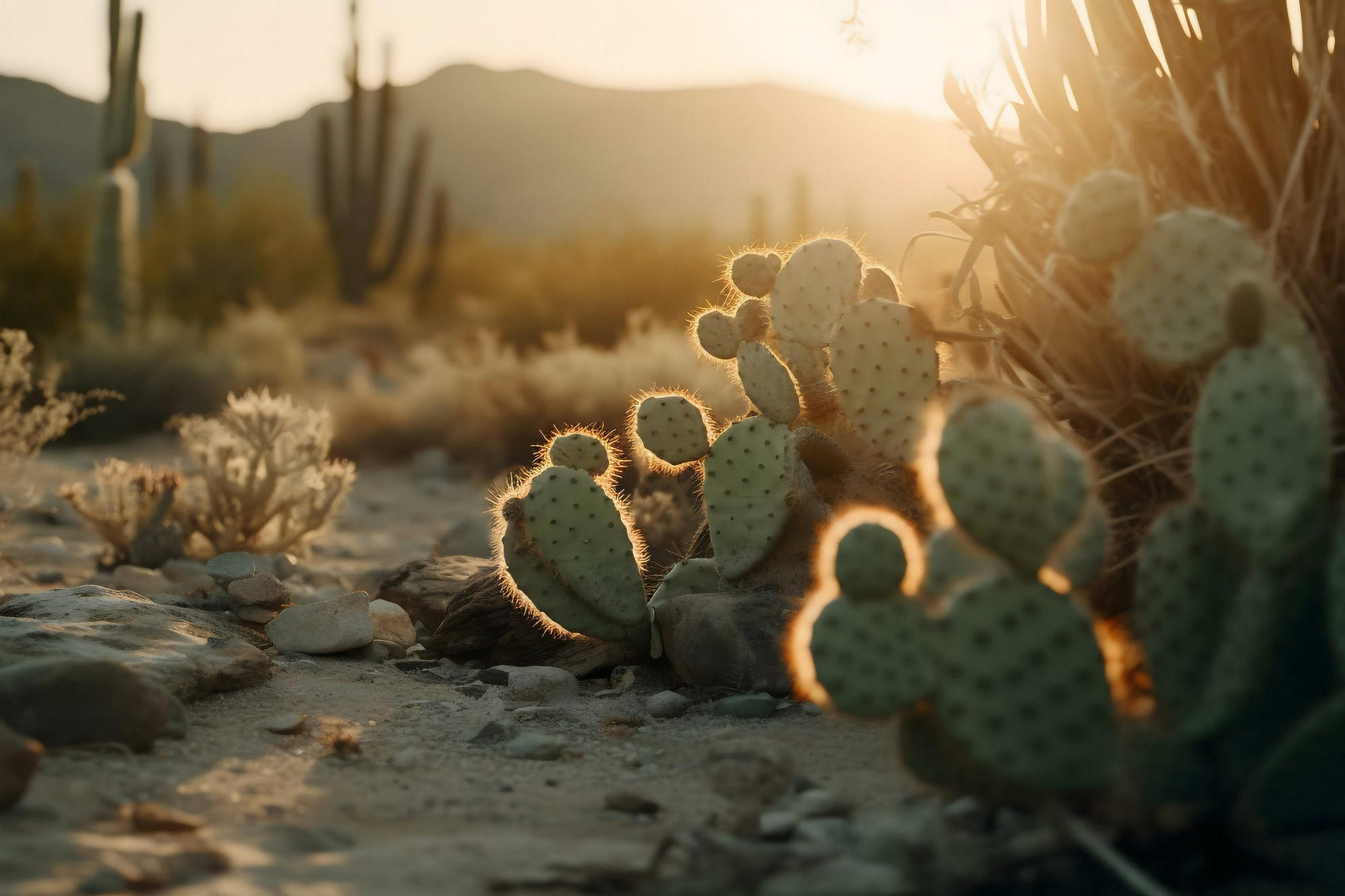 Sonoran desert sunset illuminating cacti