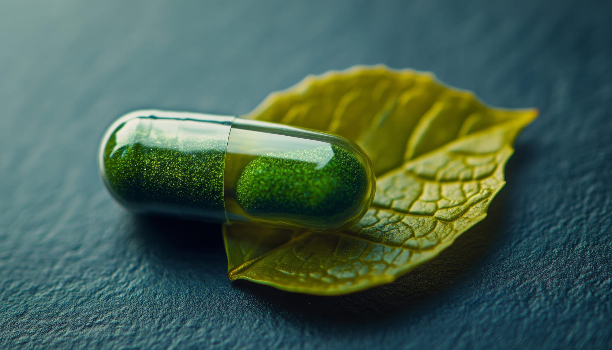 Green-filled vegetable capsule pill capsule resting on a leaf