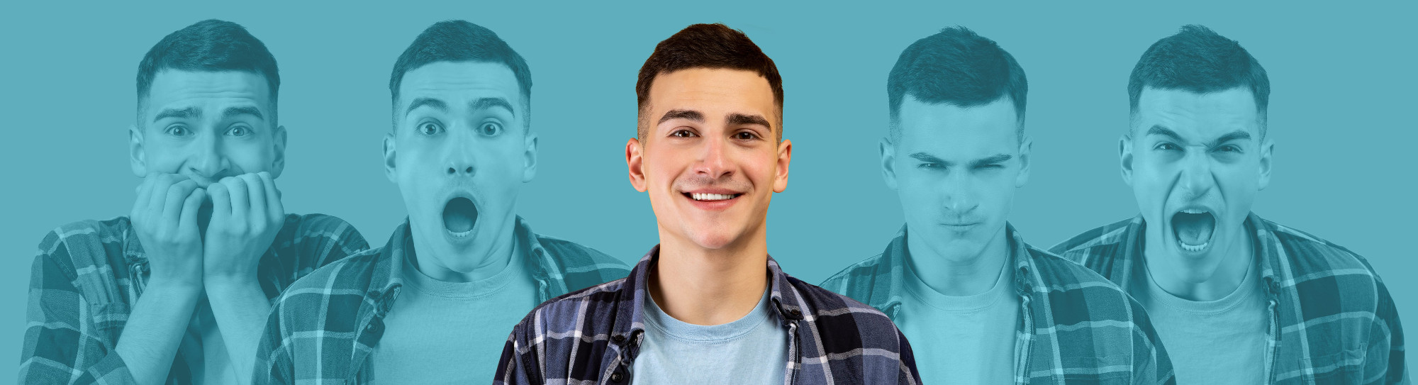 Millennial man showing various emotions in collage panorama